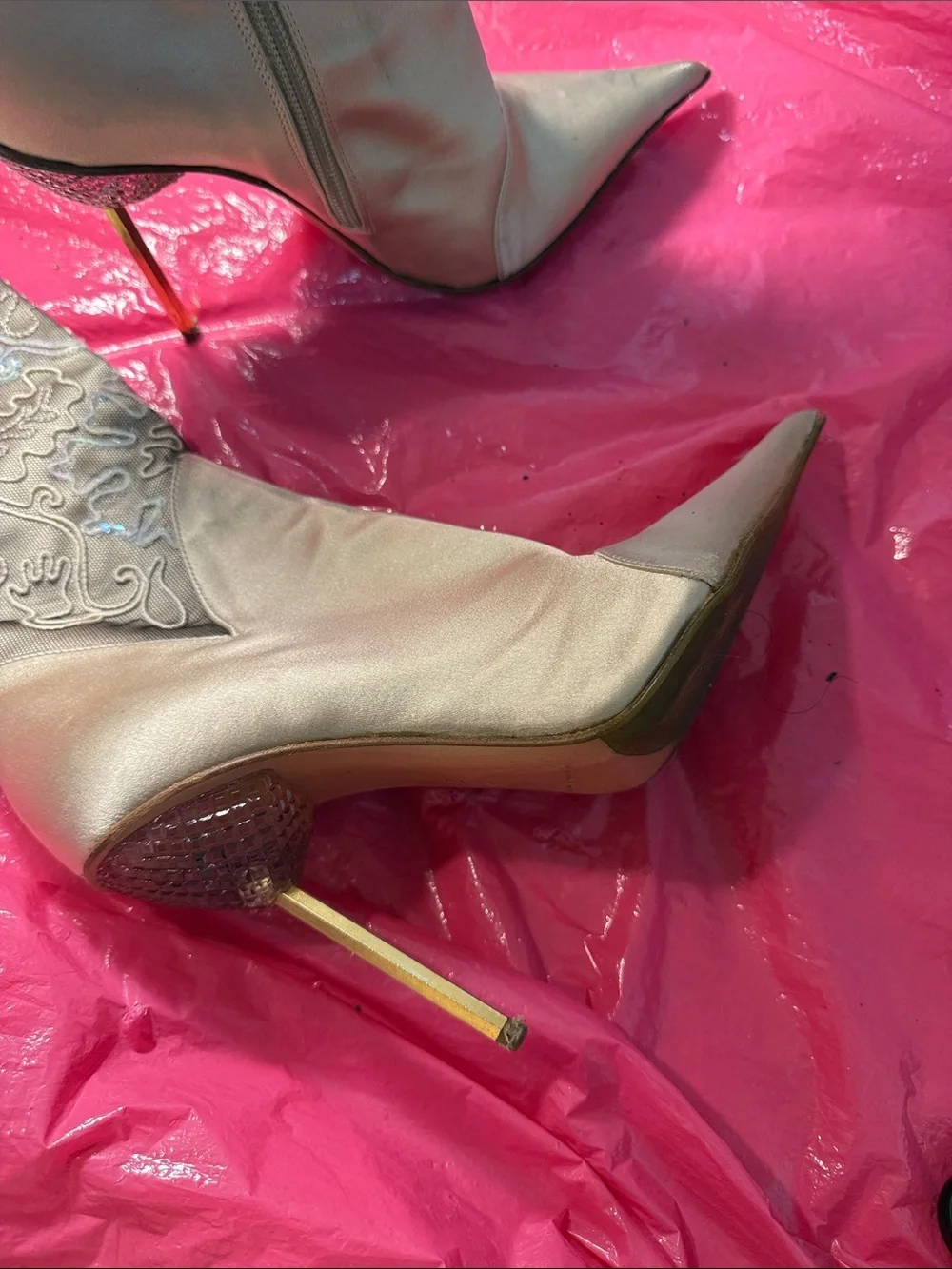Women's Embroidered Cream Knee-High Stiletto Boots